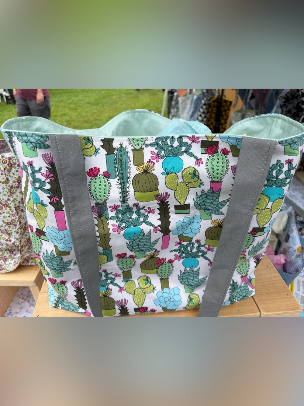 Premium Cotton Tote Bag with Cactus & Succulent Print - Mint Accents